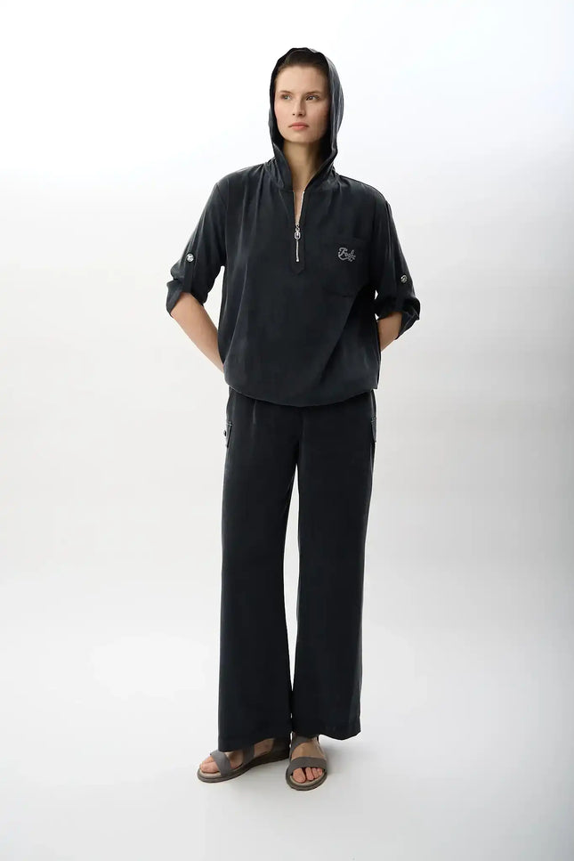 Kapüşonlu ve Yarım Fermuarlı Bluz (Siyah)