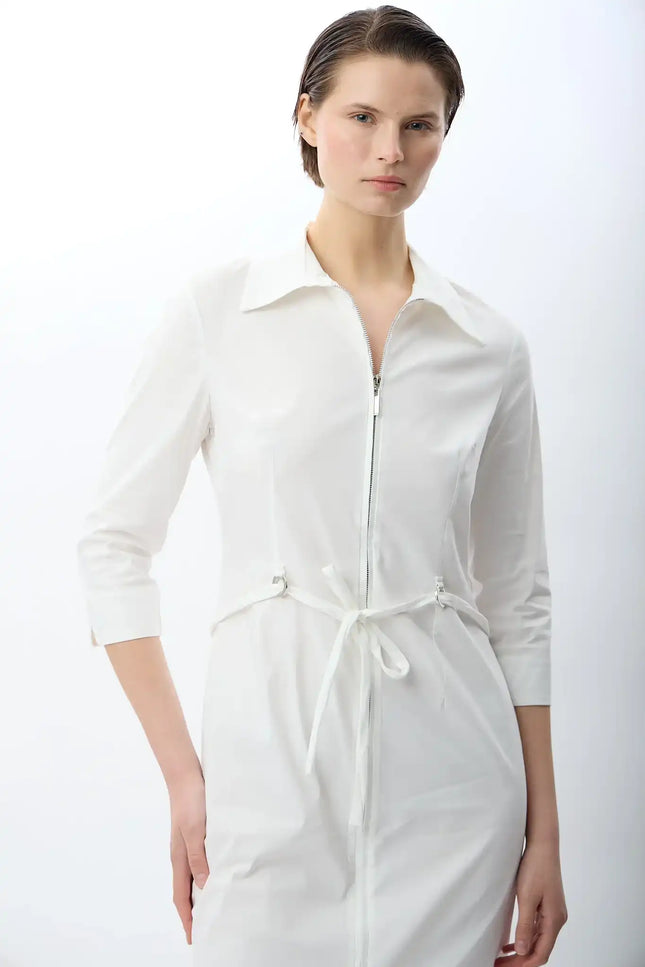 Fermuarlı Gömlek Yaka Elbise (Ekru)