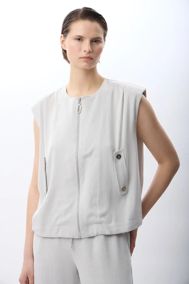 Metal Çıtçıtlı Kısa Yelek (Gri)