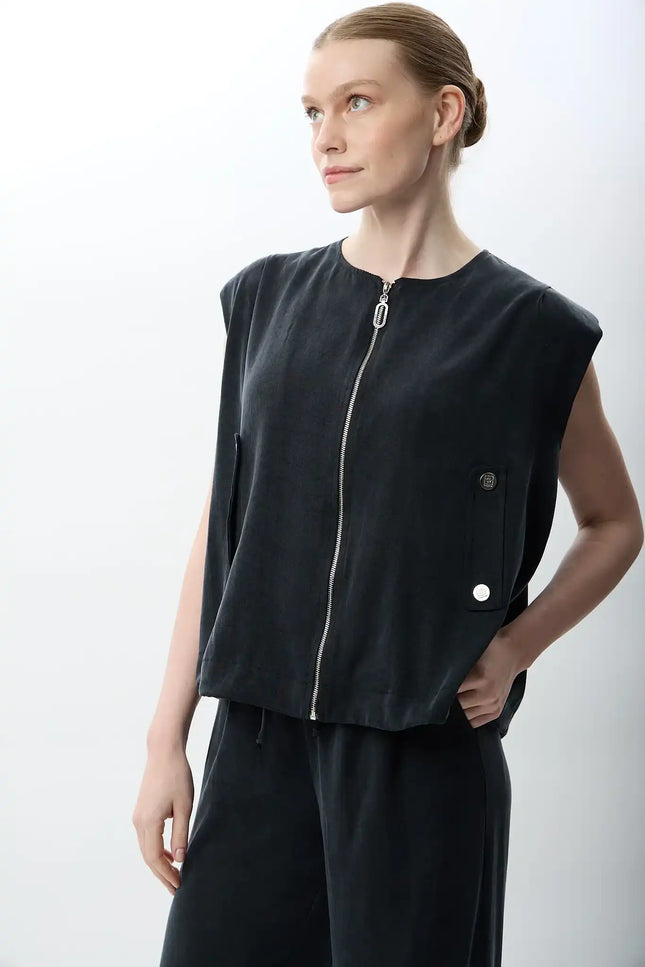 Metal Çıtçıtlı Kısa Yelek (Siyah)