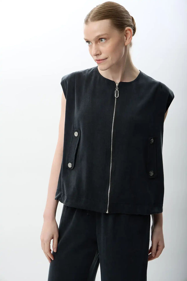 Metal Çıtçıtlı Kısa Yelek (Siyah)
