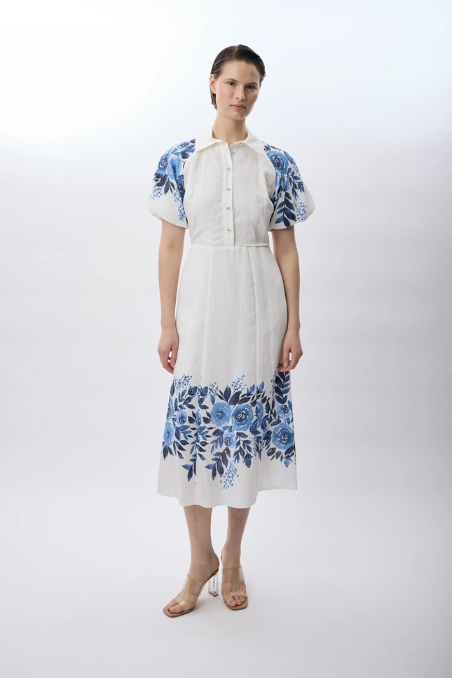 Balon Kollu Desenli Maksi Elbise (Ekru)