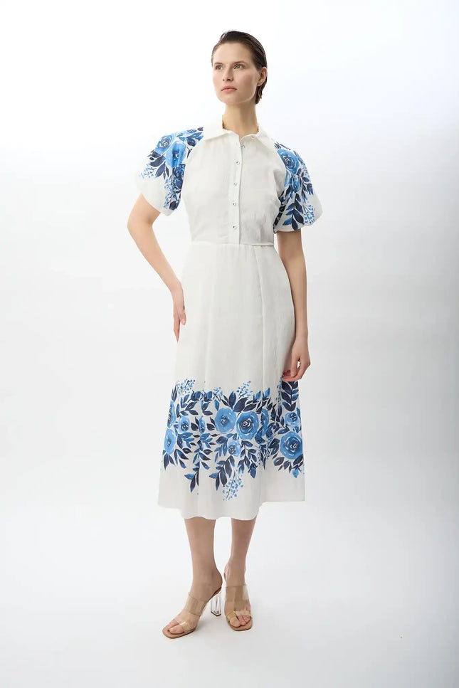 Balon Kollu Desenli Maksi Elbise (Ekru)