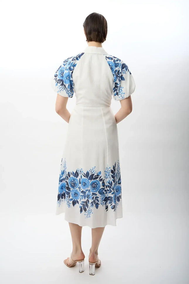 Balon Kollu Desenli Maksi Elbise (Ekru)