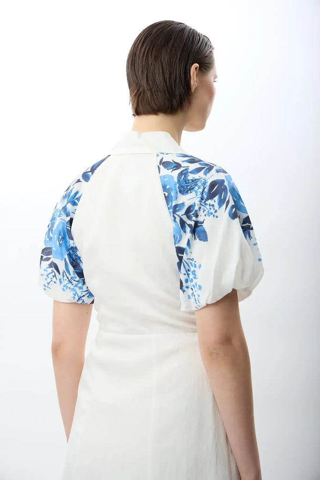 Balon Kollu Desenli Maksi Elbise (Ekru)