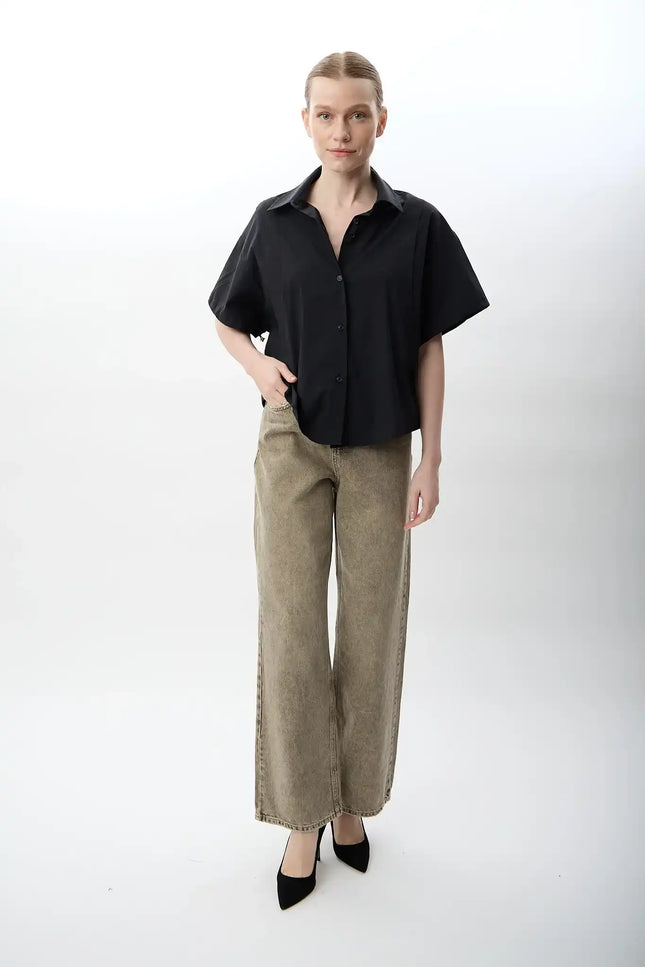 Kısa Kollu Crop Gömlek (Siyah)