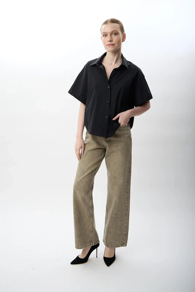 Kısa Kollu Crop Gömlek (Siyah)