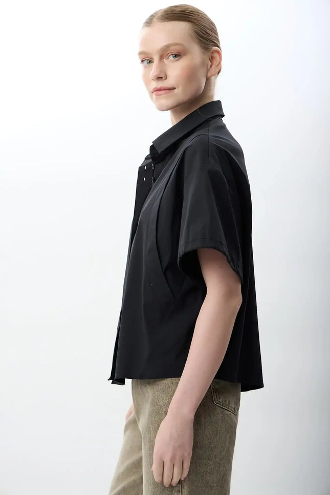 Kısa Kollu Crop Gömlek (Siyah)