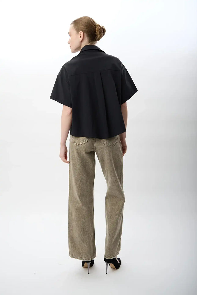 Kısa Kollu Crop Gömlek (Siyah)