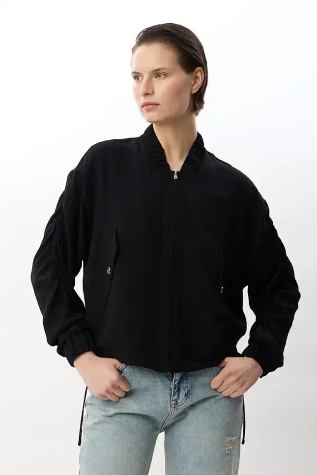 Büzgülü Kol Fermuarlı Bomber Ceket (Siyah)