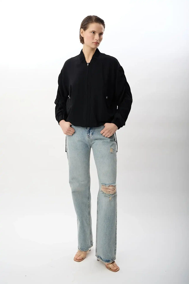 Büzgülü Kol Fermuarlı Bomber Ceket (Siyah)