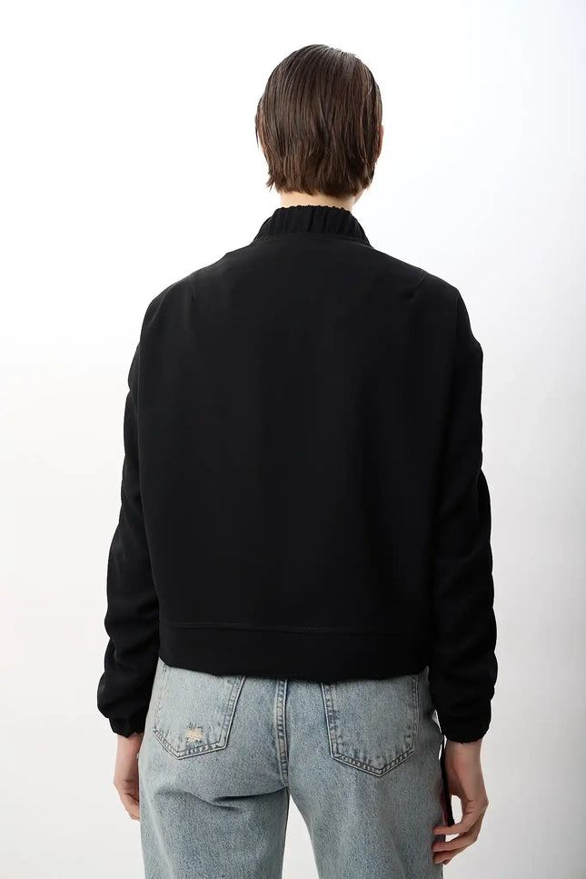 Büzgülü Kol Fermuarlı Bomber Ceket (Siyah)