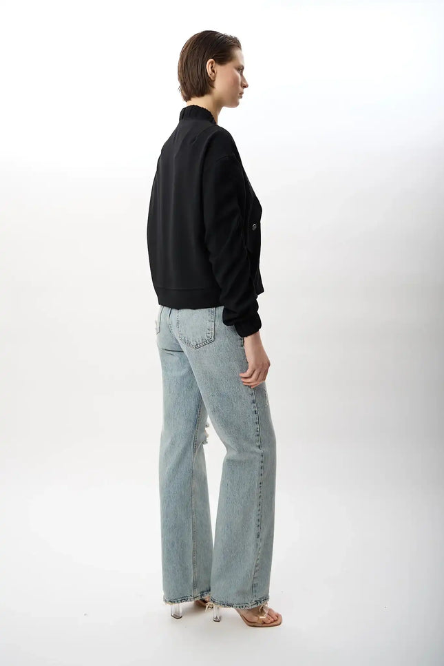 Büzgülü Kol Fermuarlı Bomber Ceket (Siyah)