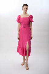 Yırtmaç Detaylı Balon Kollu Kemerli Elbise (Fuşya)
