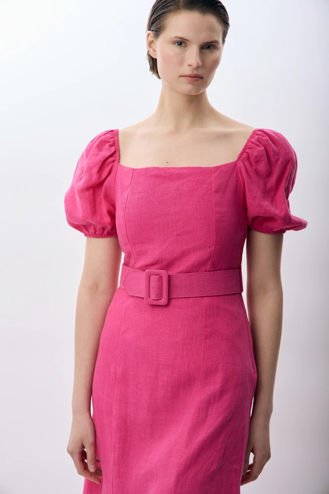 Yırtmaç Detaylı Balon Kollu Kemerli Elbise (Fuşya)