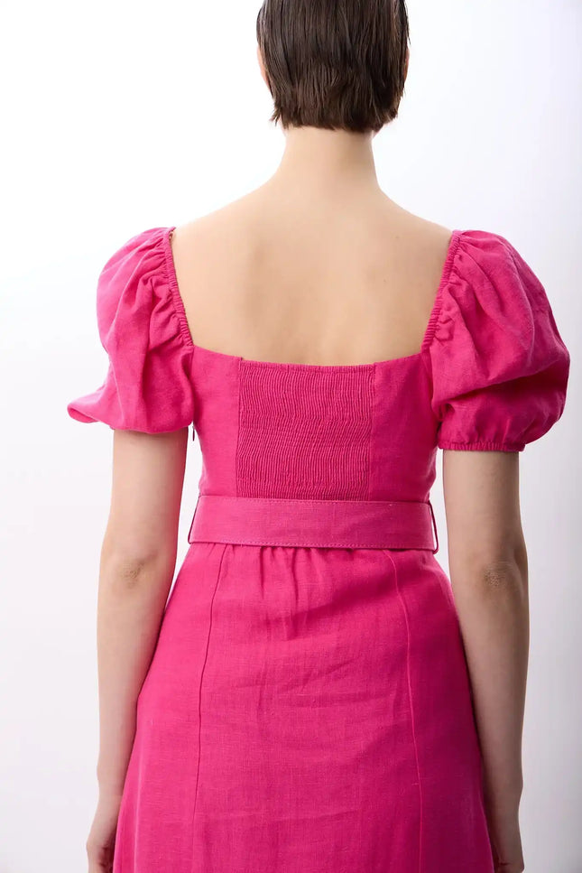 Yırtmaç Detaylı Balon Kollu Kemerli Elbise (Fuşya)