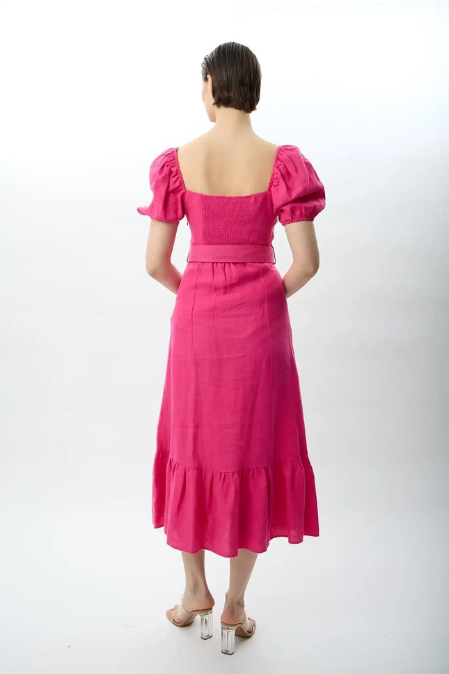 Yırtmaç Detaylı Balon Kollu Kemerli Elbise (Fuşya)