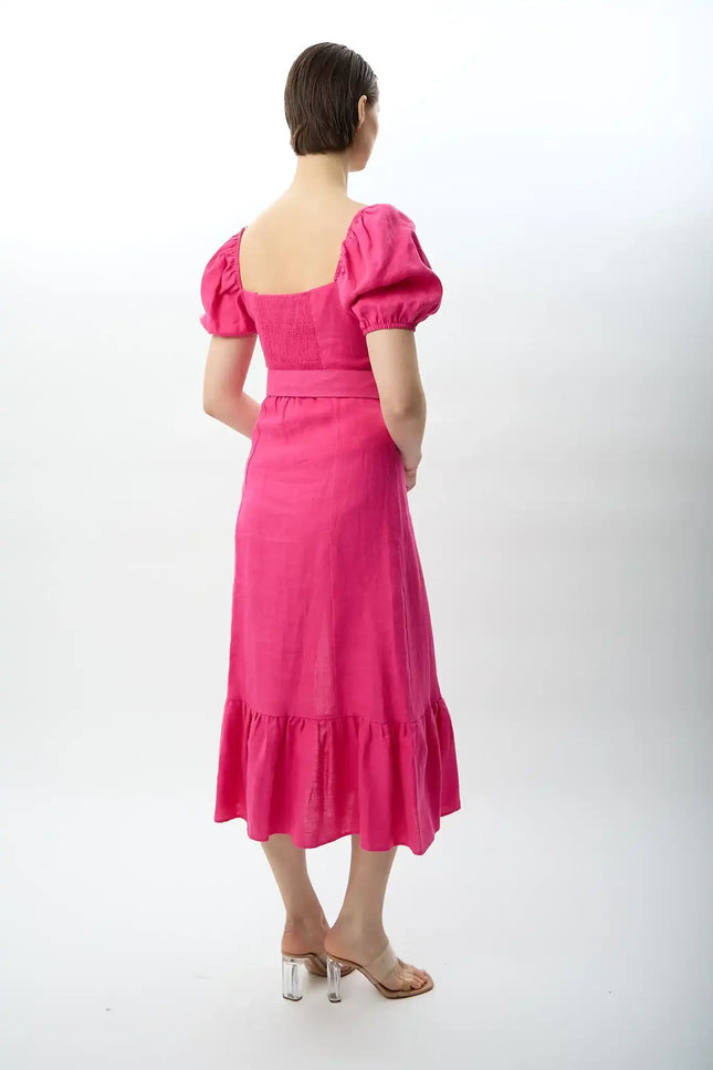 Yırtmaç Detaylı Balon Kollu Kemerli Elbise (Fuşya)