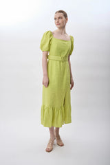 Yırtmaç Detaylı Balon Kollu Kemerli Elbise (Yeşil)