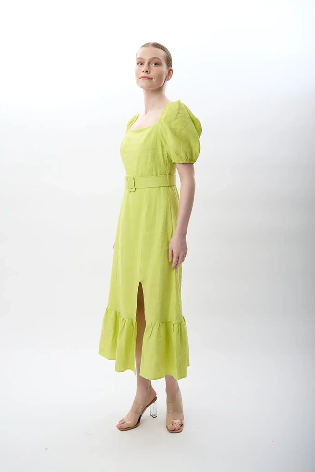 Yırtmaç Detaylı Balon Kollu Kemerli Elbise (Yeşil)