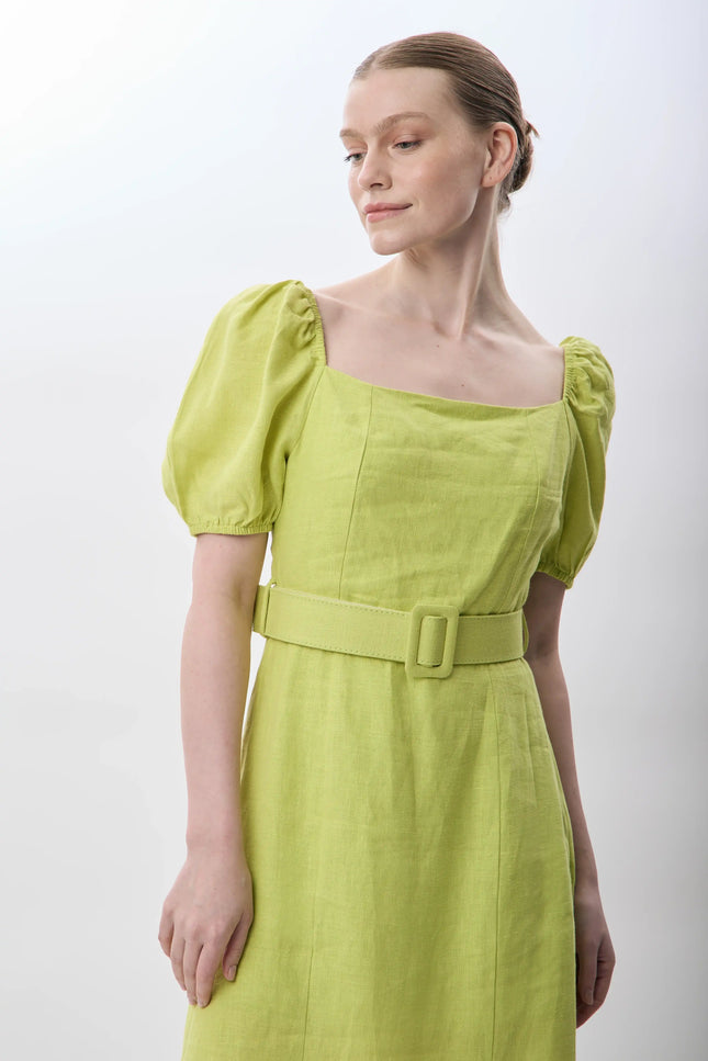 Yırtmaç Detaylı Balon Kollu Kemerli Elbise (Yeşil)