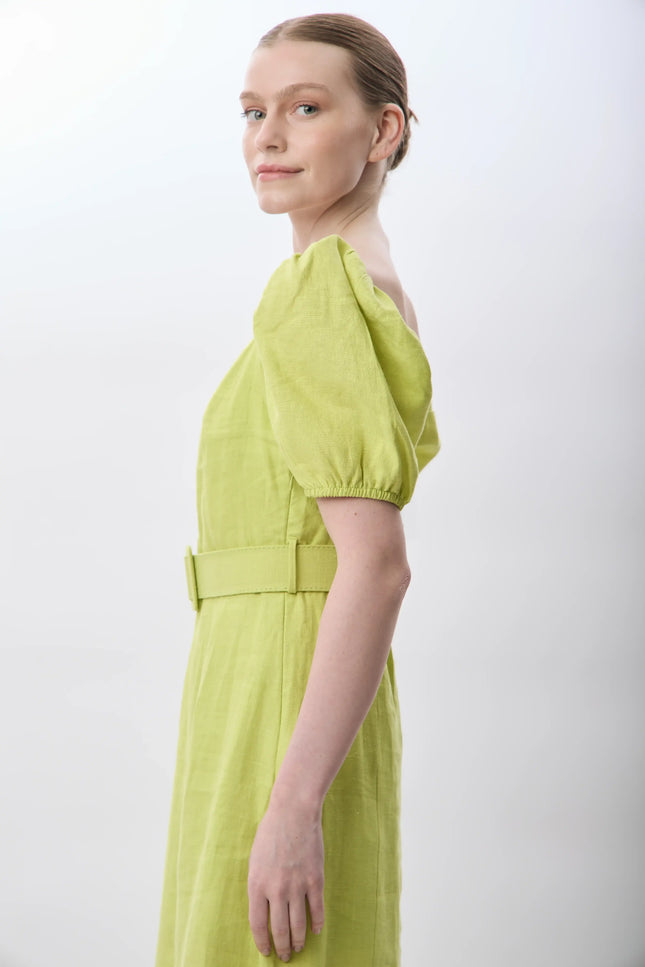 Yırtmaç Detaylı Balon Kollu Kemerli Elbise (Yeşil)