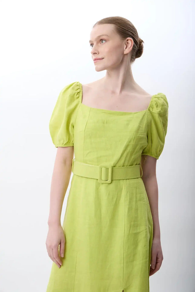 Yırtmaç Detaylı Balon Kollu Kemerli Elbise (Yeşil)