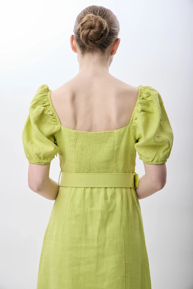 Yırtmaç Detaylı Balon Kollu Kemerli Elbise (Yeşil)