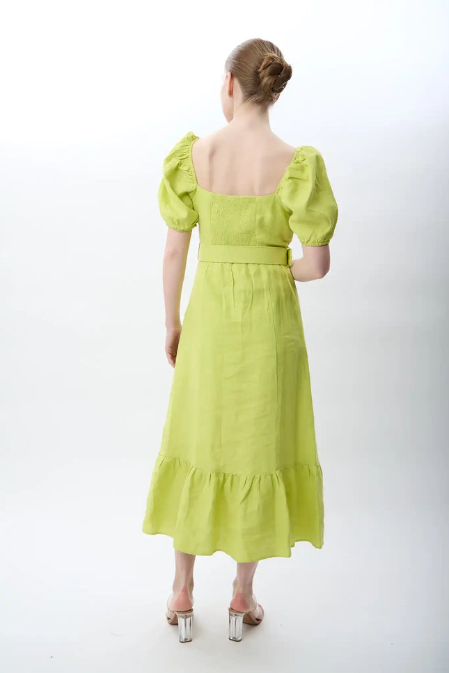 Yırtmaç Detaylı Balon Kollu Kemerli Elbise (Yeşil)