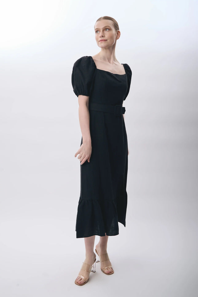 Yırtmaç Detaylı Balon Kollu Kemerli Elbise (Siyah)