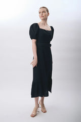 Yırtmaç Detaylı Balon Kollu Kemerli Elbise (Siyah)