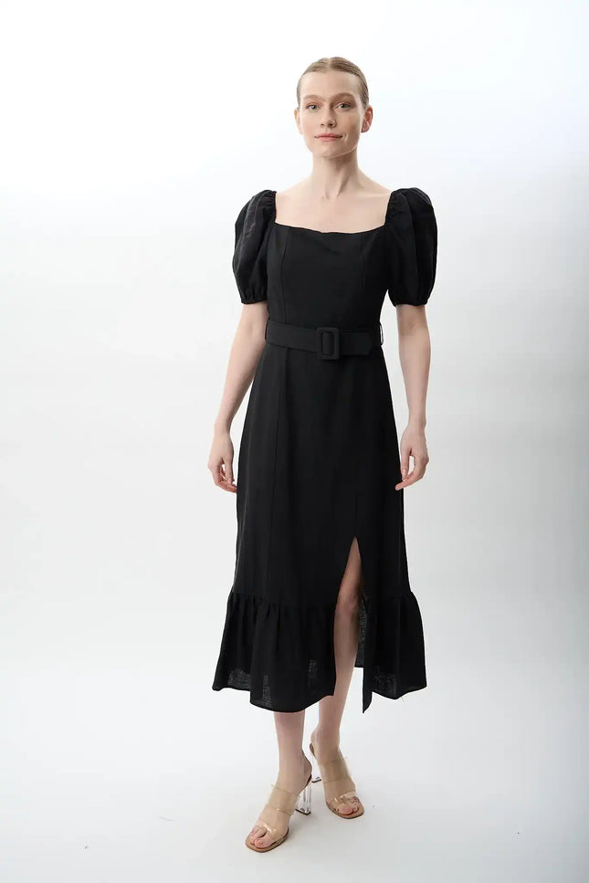 Yırtmaç Detaylı Balon Kollu Kemerli Elbise (Siyah)