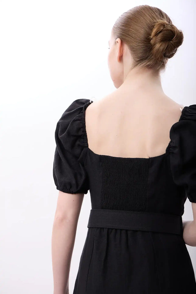 Yırtmaç Detaylı Balon Kollu Kemerli Elbise (Siyah)