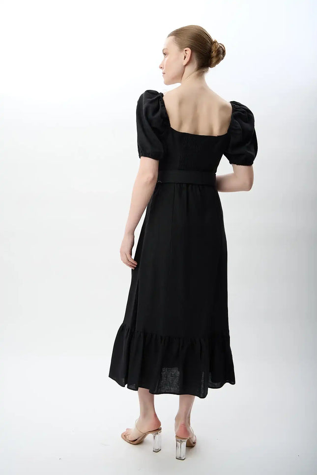 Yırtmaç Detaylı Balon Kollu Kemerli Elbise (Siyah)