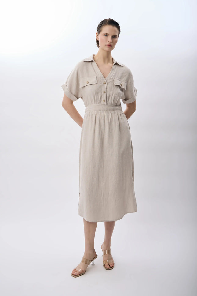 Gömlek Yaka Cepli Elbise (Bej)