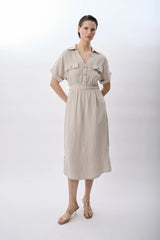 Gömlek Yaka Cepli Elbise (Bej)