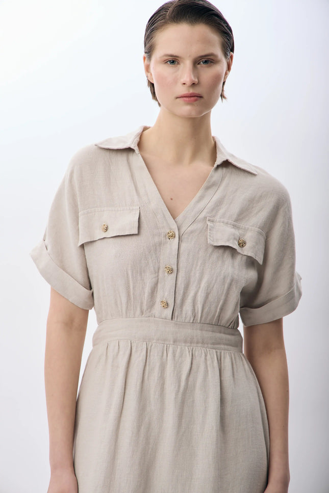 Gömlek Yaka Cepli Elbise (Bej)