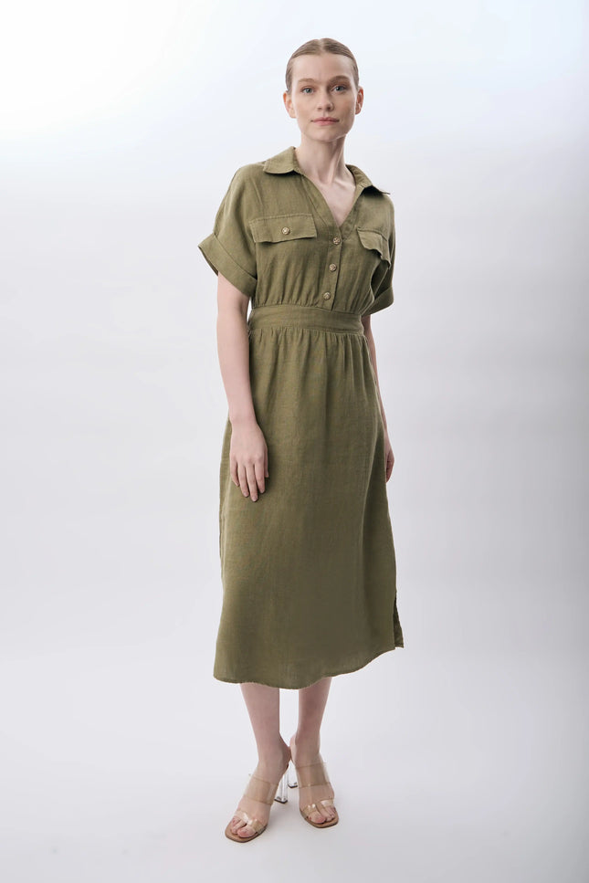Gömlek Yaka Cepli Elbise (Haki)
