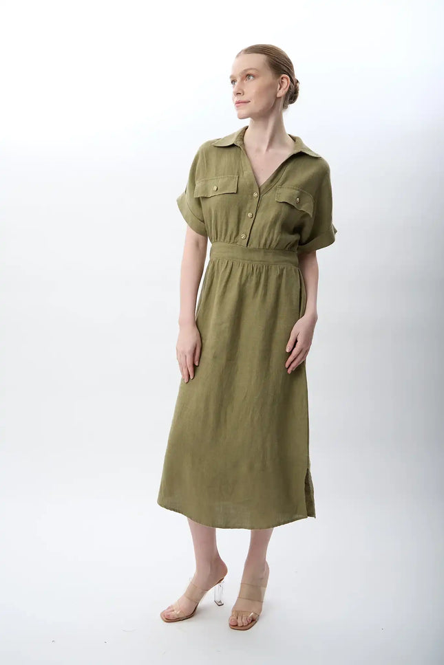 Gömlek Yaka Cepli Elbise (Haki)
