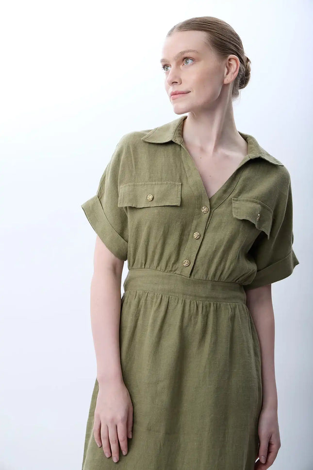 Gömlek Yaka Cepli Elbise (Haki)