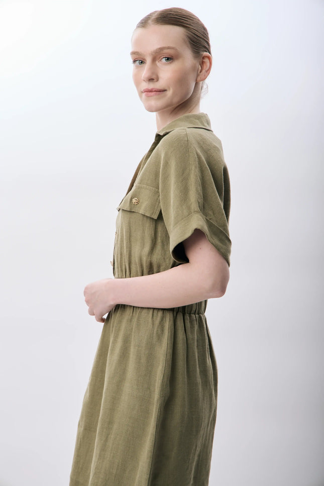 Gömlek Yaka Cepli Elbise (Haki)