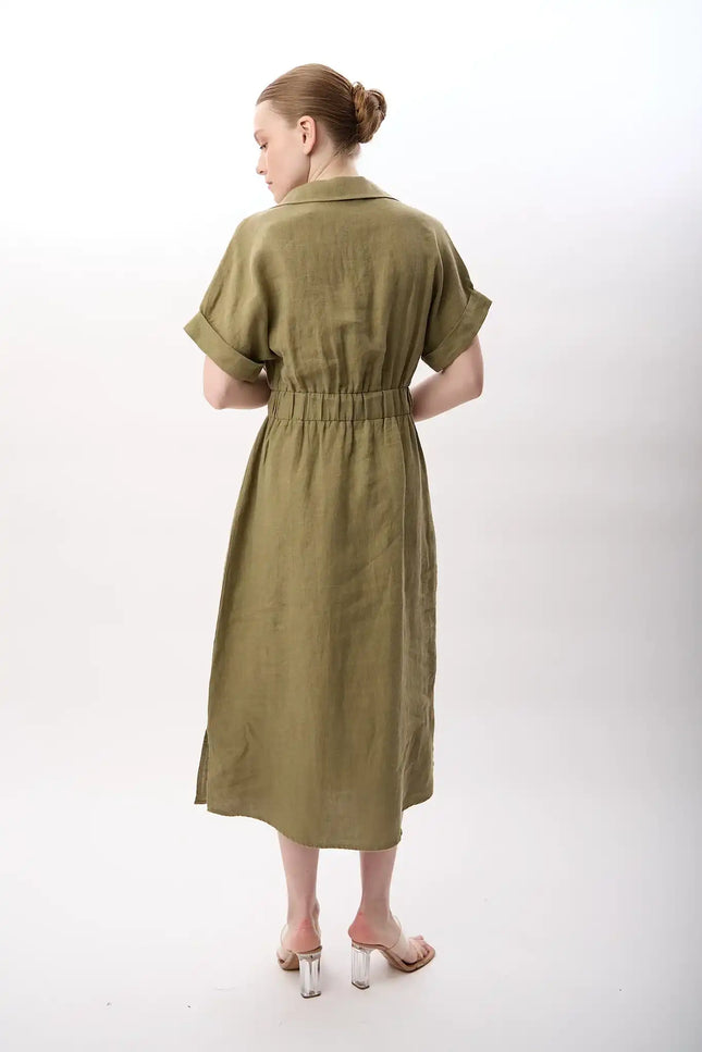 Gömlek Yaka Cepli Elbise (Haki)