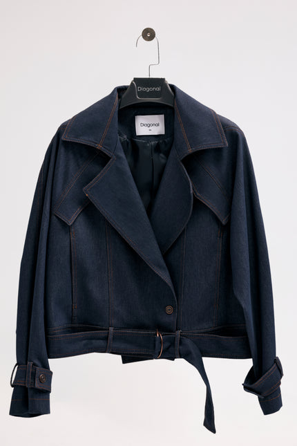 Kruvaze Yaka Denim Ceket (Lacivert)