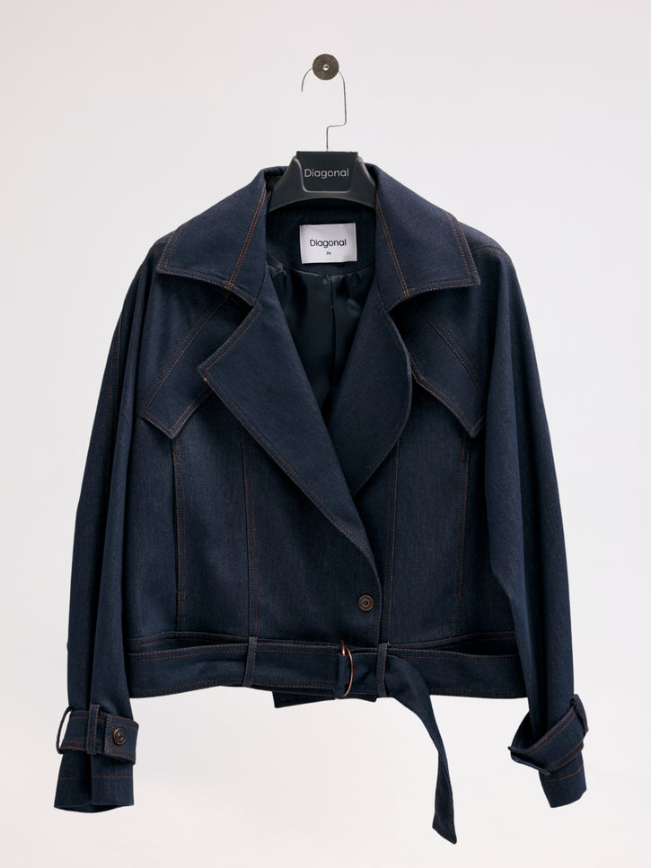 Kruvaze Yaka Denim Ceket (Lacivert)