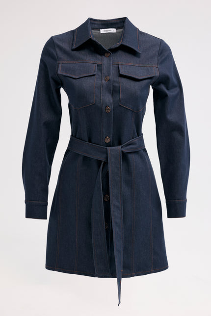 Kuşaklı Denim Elbise (Lacivert)