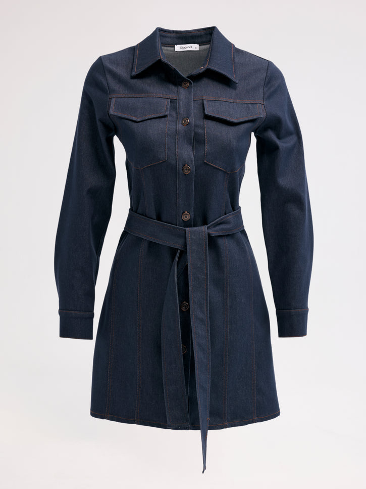 Kuşaklı Denim Elbise (Lacivert)
