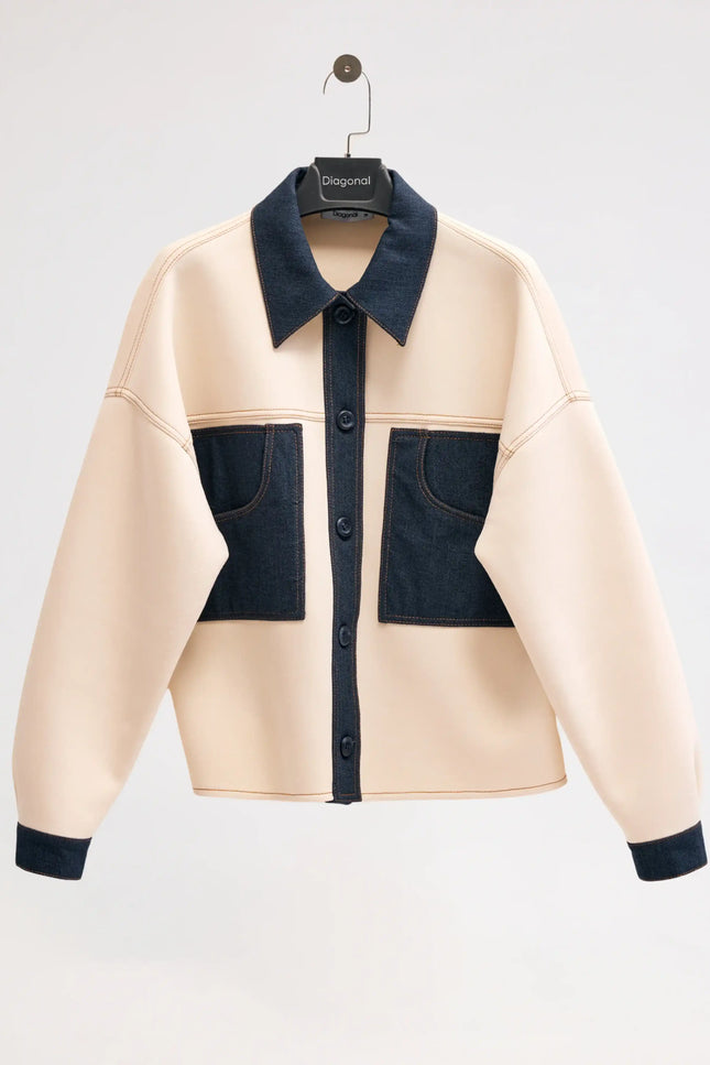 Denim Detaylı Bej Ceket