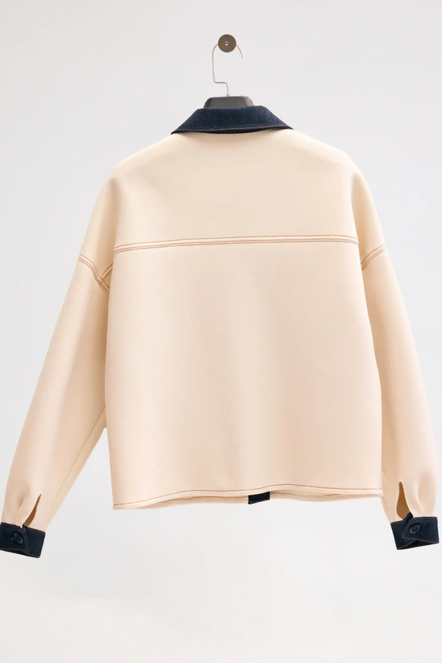 Denim Detaylı Bej Ceket