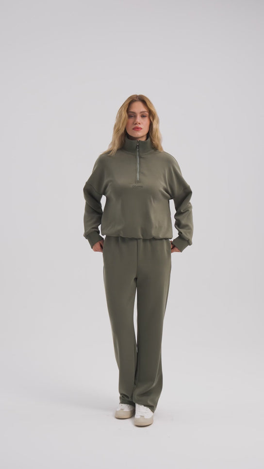 Fermuarlı Haki Sweatshirt