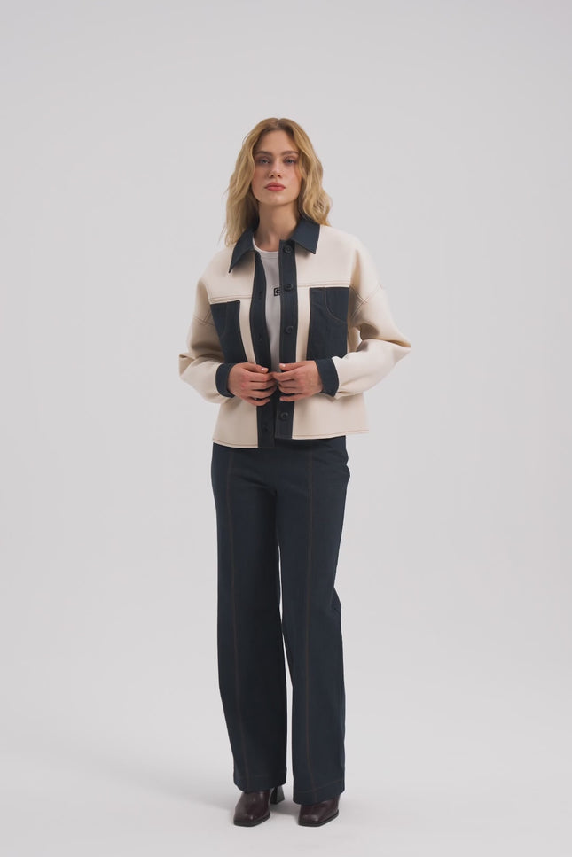 Denim Detaylı Bej Ceket